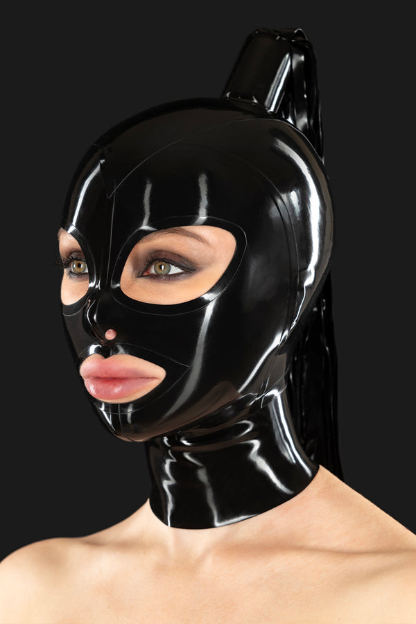 Latex mask with ponytail tube and stripes