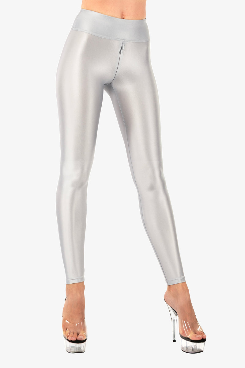 High rise shiny spandex leggings with hidden zipper 2 sliders
