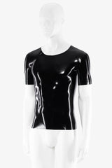 Front view of a men’s black latex T-shirt with short sleeves, a round neckline and bonded edging.