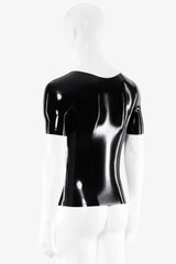 Front view of a men’s black latex T-shirt with short sleeves, a round neckline and bonded edging.