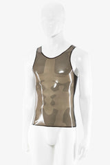Front view of a men’s translucent latex tank top with a scooped neckline and narrow trim around the neckline, armholes and hem.