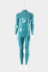 Men’s teal latex catsuit with a high neck, long sleeves, full-length legs and a shaped front pouch, shown on a white mannequin.