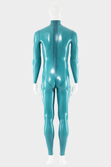 Rear view of a men’s teal latex catsuit with an optional back zipper and curved seams that contour the buttocks.