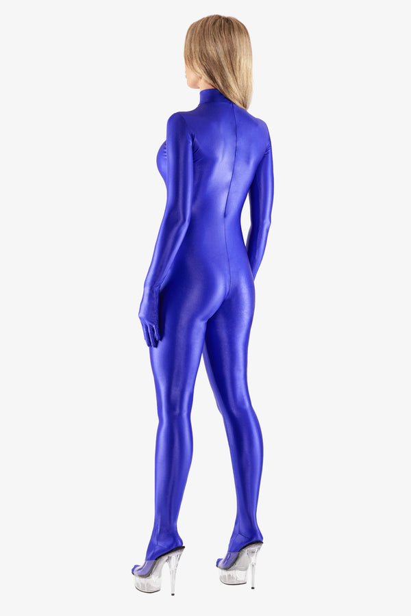 Shiny spandex catsuit with gloves and closed foot