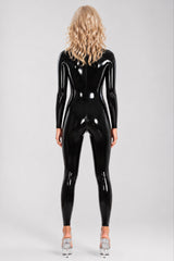 Detail view of glossy neck-entry latex catsuit with crotch zipper