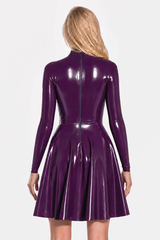 Back view of purple latex fit-and-flare dress with zipper and flared skirt