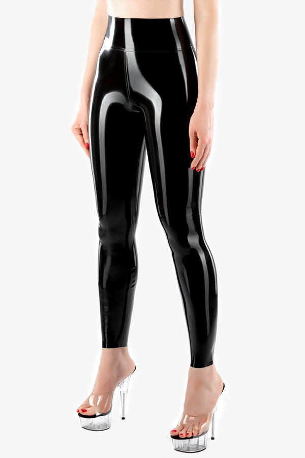 Black spandex wet look leggings with hidden crotch zipper