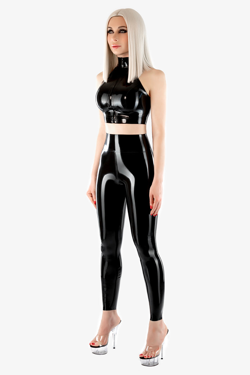 Latex top with high collar and concealed front zipper