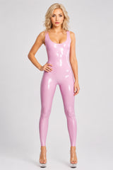 Sleeveless latex catsuit with minimal seams and glossy fitted silhouette
