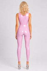 Back view of the sleeveless latex catsuit with minimal seams and glossy fitted silhouette