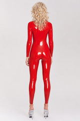 Detail view of glossy neck-entry latex catsuit without visible zippers