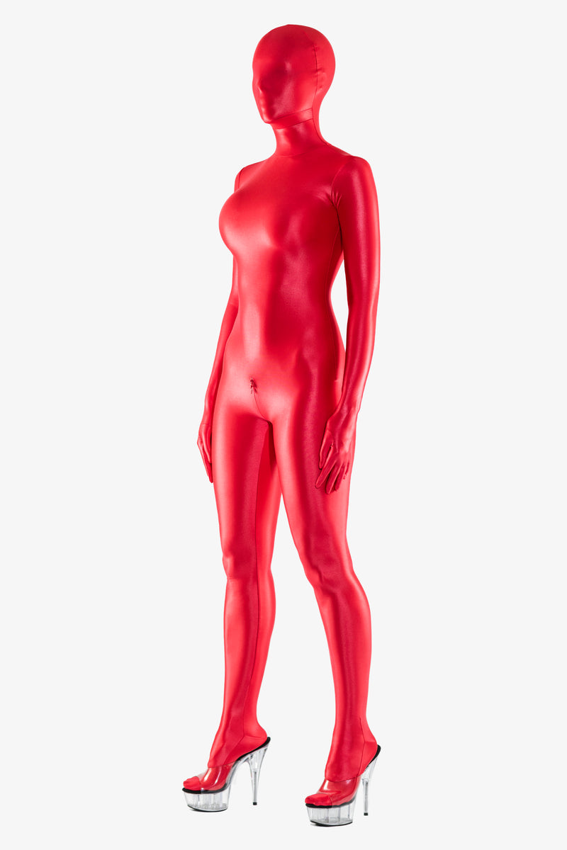 Fully enclosed shiny spandex catsuit