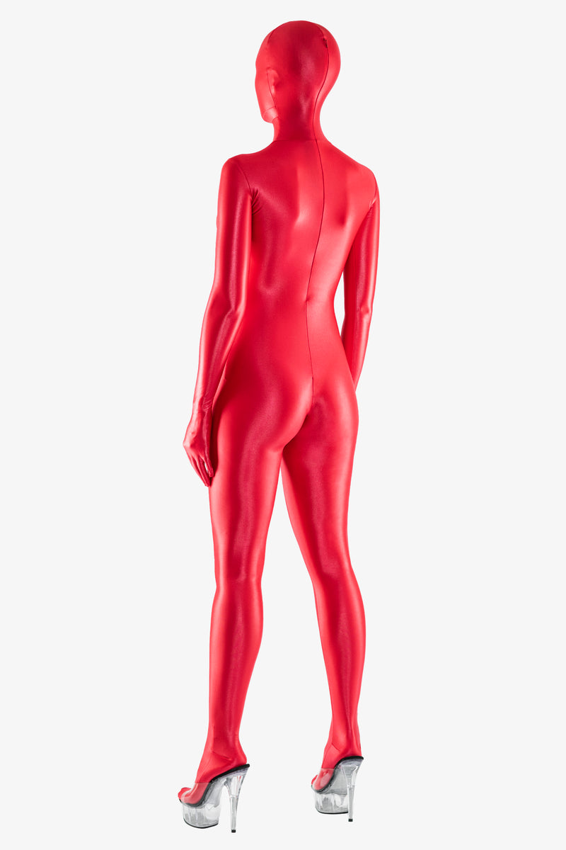 Fully enclosed shiny spandex catsuit