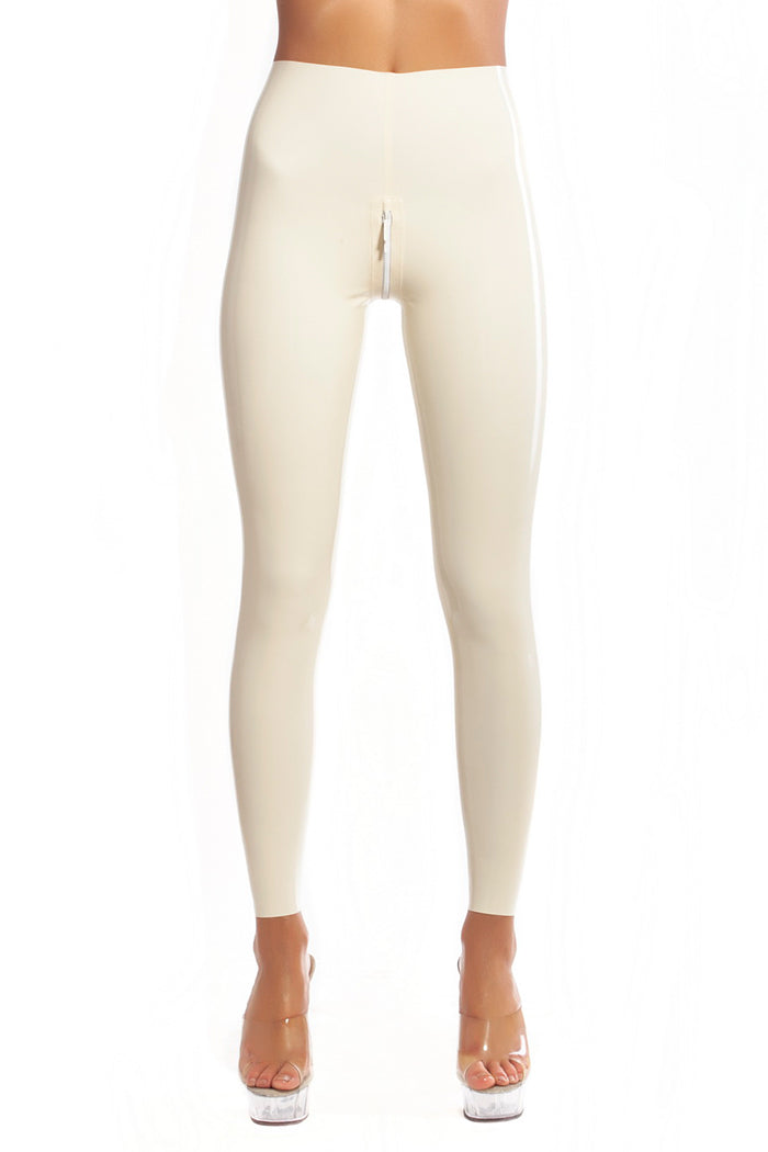 White latex leggings with double slider crotch zipper