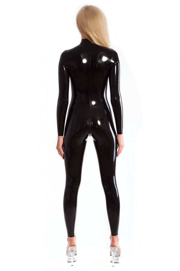 Neck entry latex catsuit with double slider crotch zipper