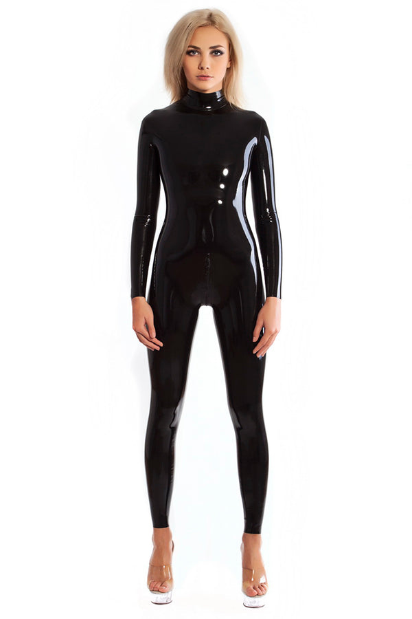 Neck entry latex catsuit with double slider crotch zipper