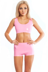 Pink latex top and shorts