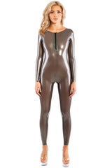 Latex catsuit with open back and front zipper