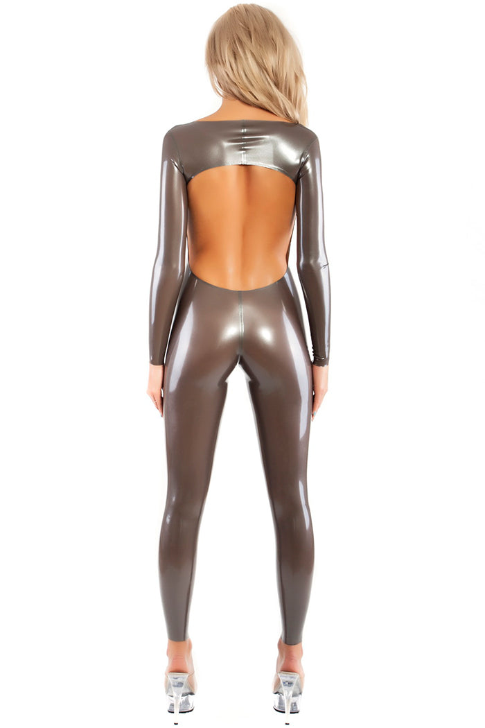 Latex catsuit with open back and front zipper