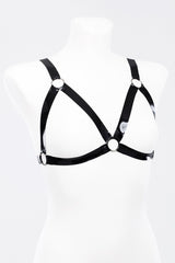 Latex harness bra with metallic rings