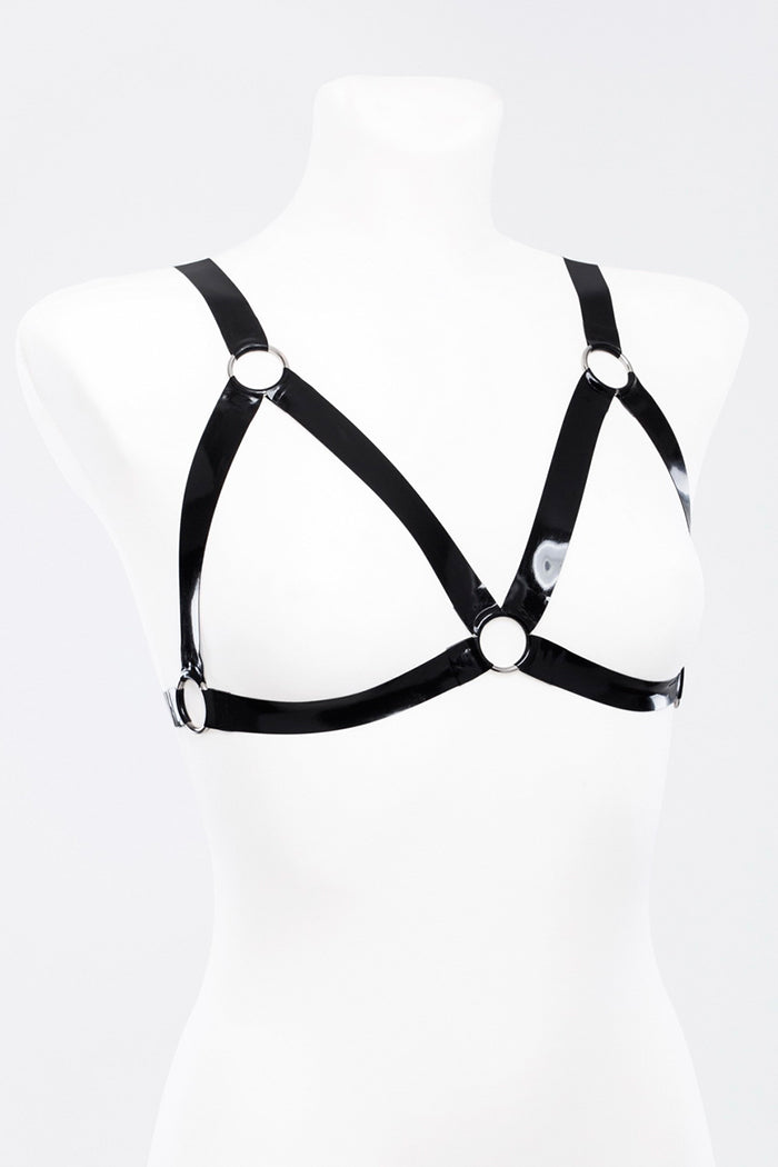 Latex harness bra with metallic rings