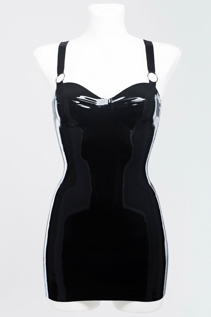 black latex mini dress Latex dress decorated with metal rings Default Title #MWS Options 3