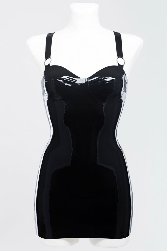 Latex dress decorated with metal rings