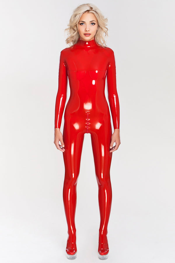 Latex catsuit with cups and closed feet
