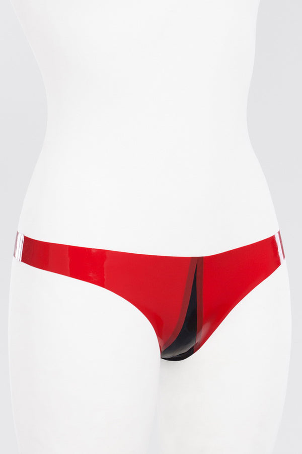 Latex thong panties with a contrasting decorative insert in the middle