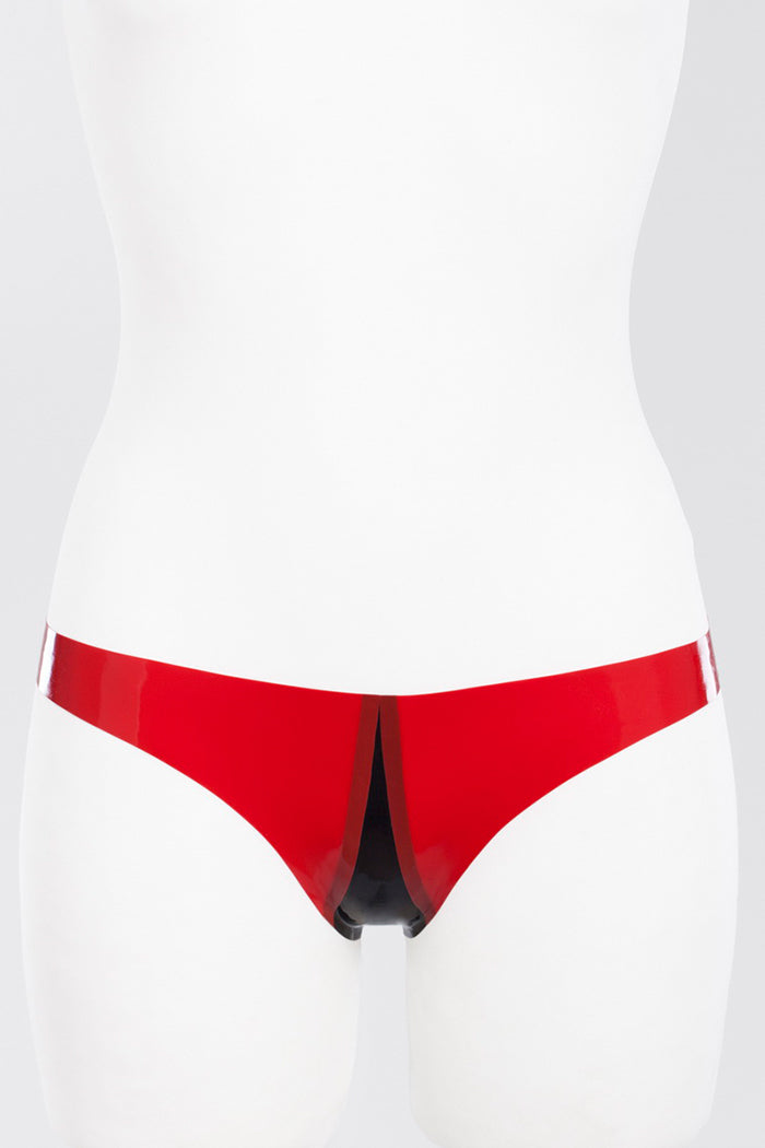 Latex thong panties with a contrasting decorative insert in the middle