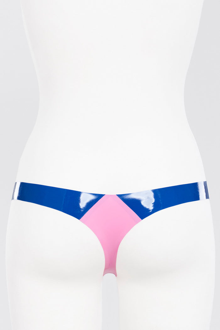 Latex thong panties with contrasting decorative insert in the middle