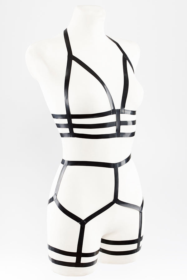 Erotic lingerie set made of latex straps