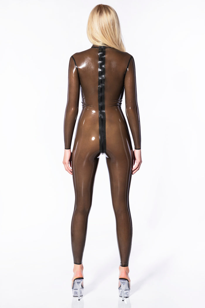 Latex catsuit with a full length three sliders zipper
