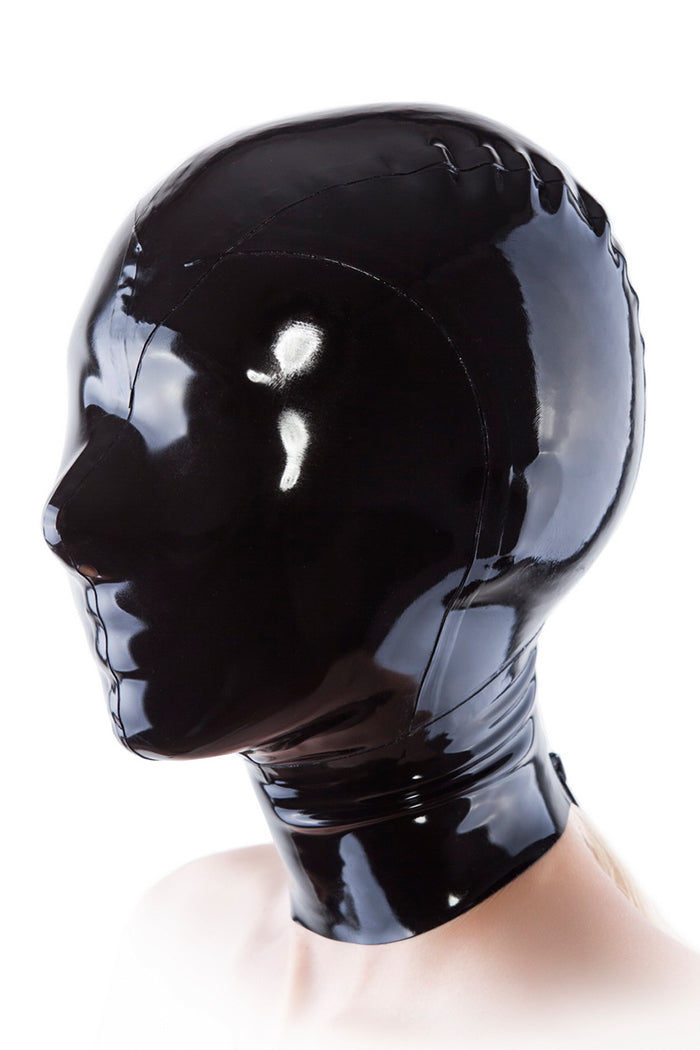 Black latex mask with only breathing holes for nostrils