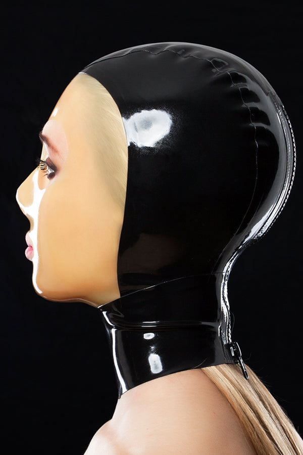 Latex mask with translucent face and holes for mouth and eyes