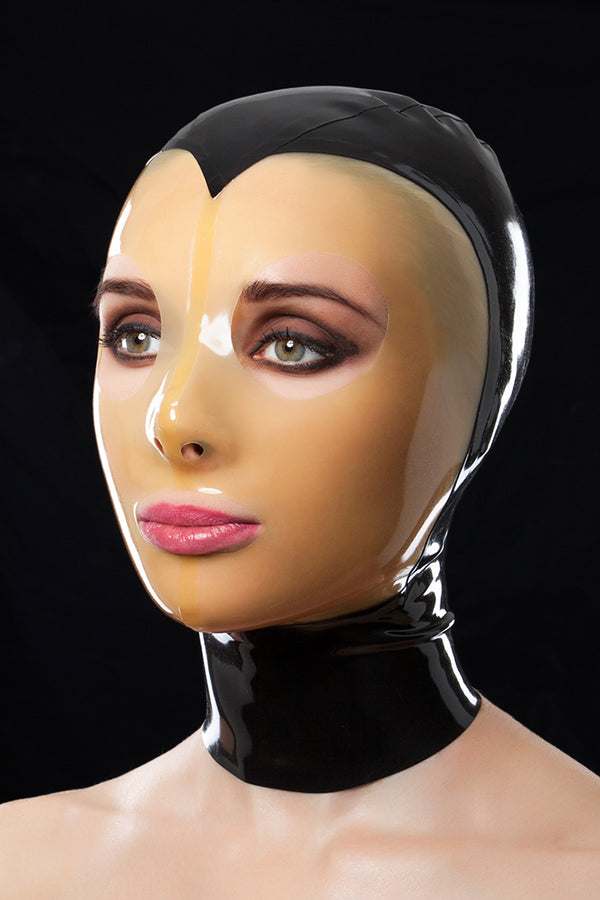 Latex mask with translucent face and holes for mouth and eyes