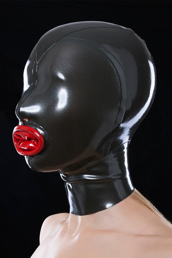 Latex mask with red condom and cut-outs for nostrils