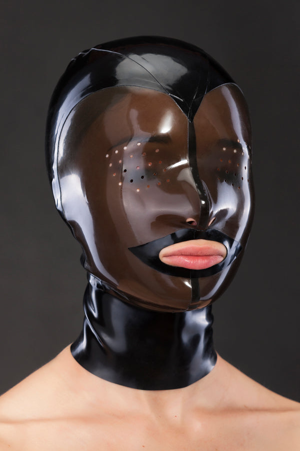 Latex mask with perforated eyes and translucent face