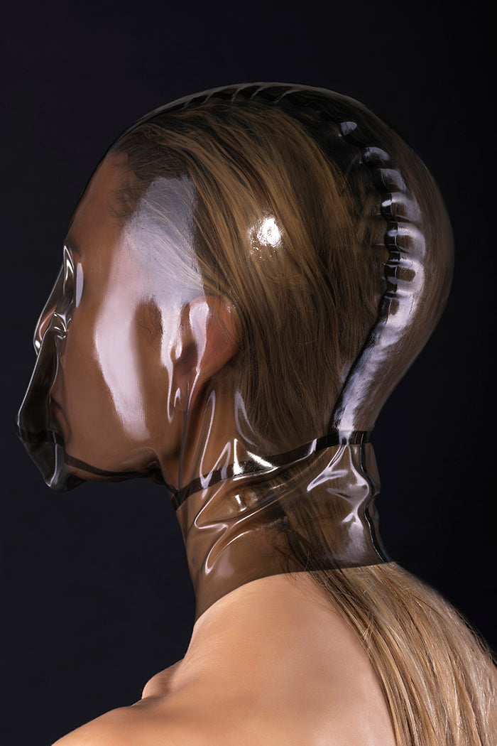 Latex ecstasy mask without zipper and with a small hole for breath control