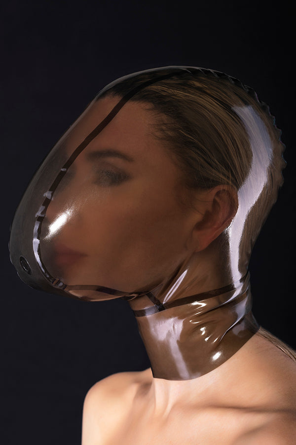 Latex ecstasy mask without zipper and with a small hole for breath control