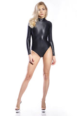 Black shiny spandex swimsuit with long sleeves