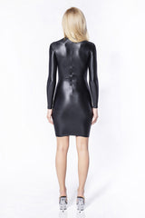 Dress with long sleeves and high neck made of black shiny spandex