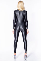 Very shiny wet look catsuit with front and crotch zippers